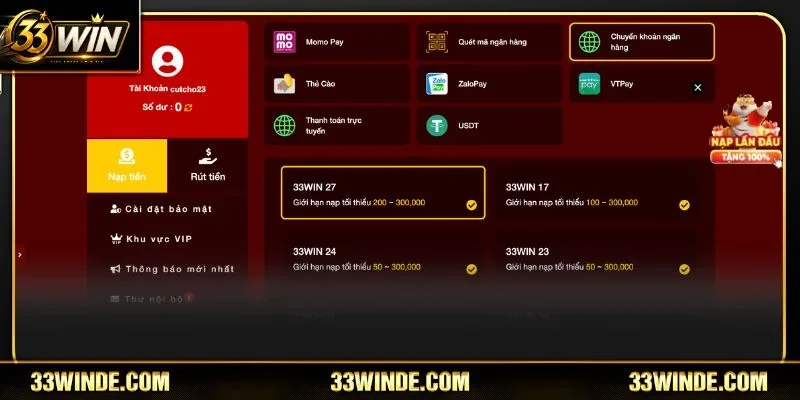 Phương thức bổ sung vốn siêu an toàn tại 33WIN.