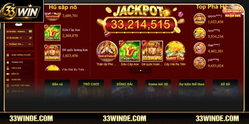 Sảnh Slots game 33WIN có tỷ lệ nổ hũ rất hấp dẫn